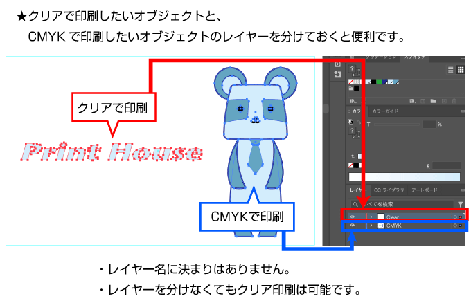 クリアで印刷したいオブジェクトと、CMYKで印刷したいオブジェクトのレイヤーを分けておくと便利です