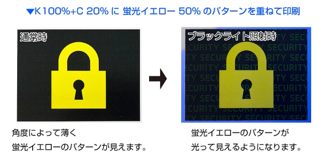 K100%＋C20%に蛍光イエロー50%のパターンを重ねて印刷